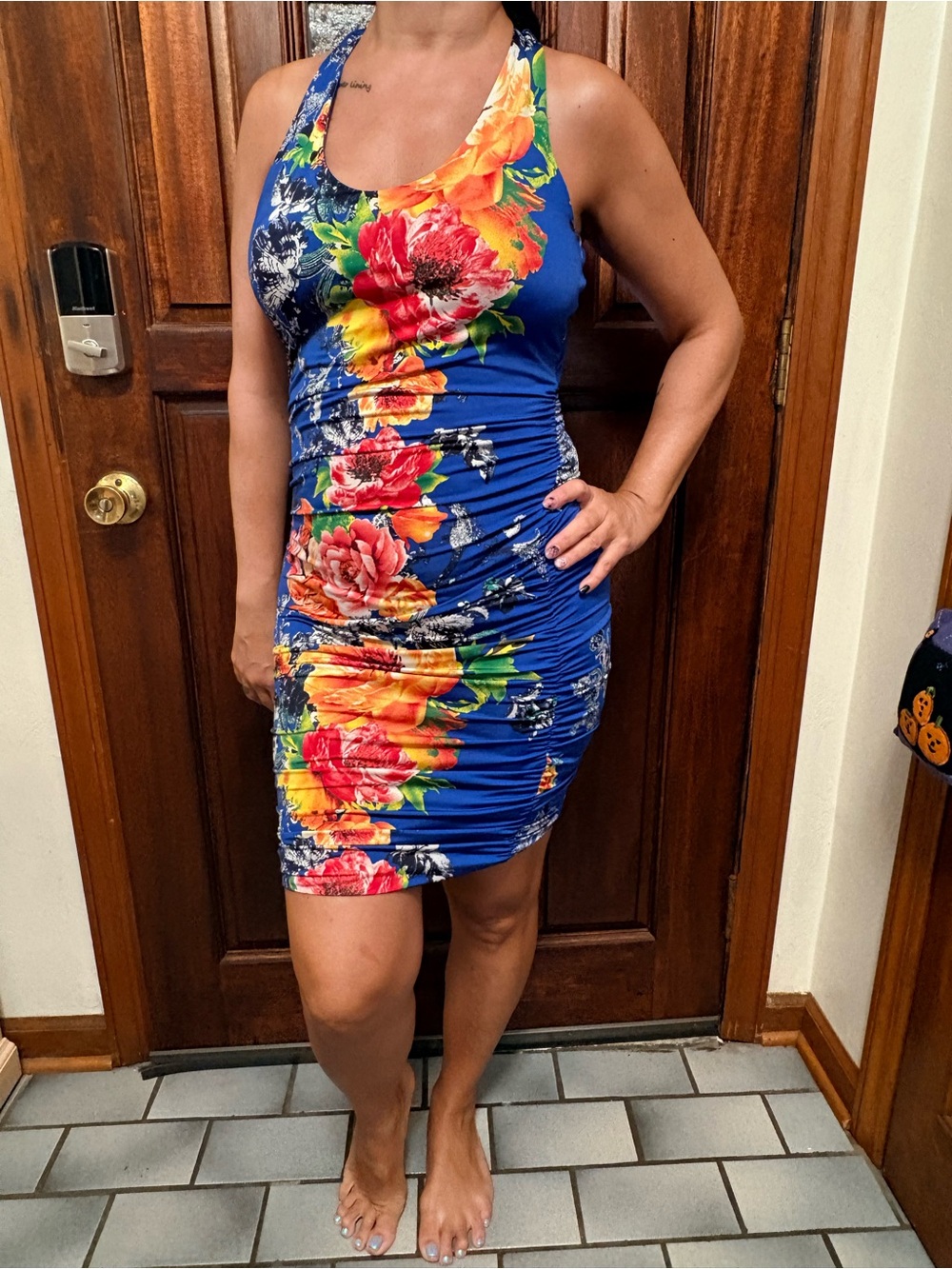 VENUS Royal Blue Halter Floral Ruched Mini Dress